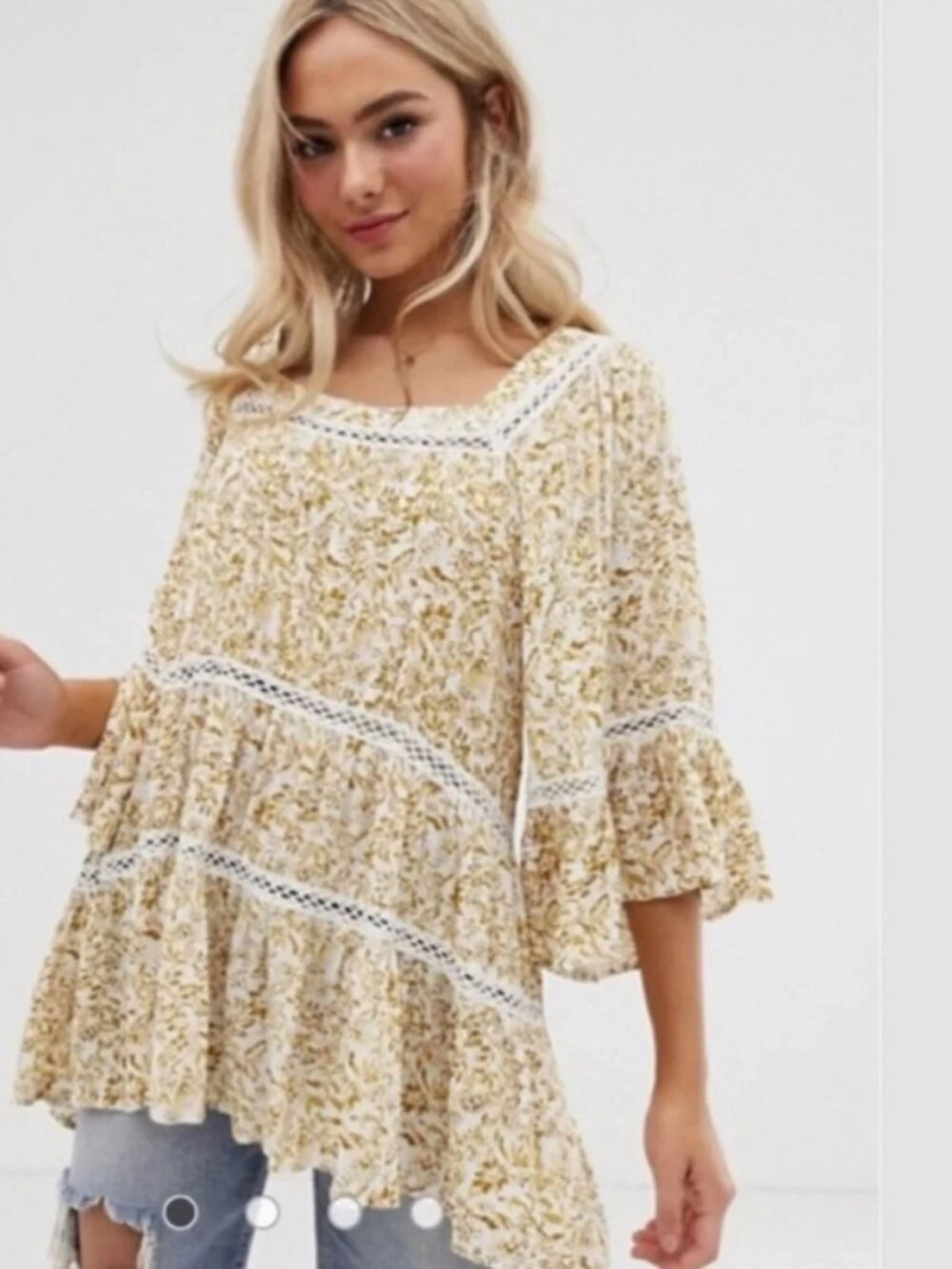 Free People Talk About It Mustard Floral Lace-Trim Peasant Tunic Top Size Small